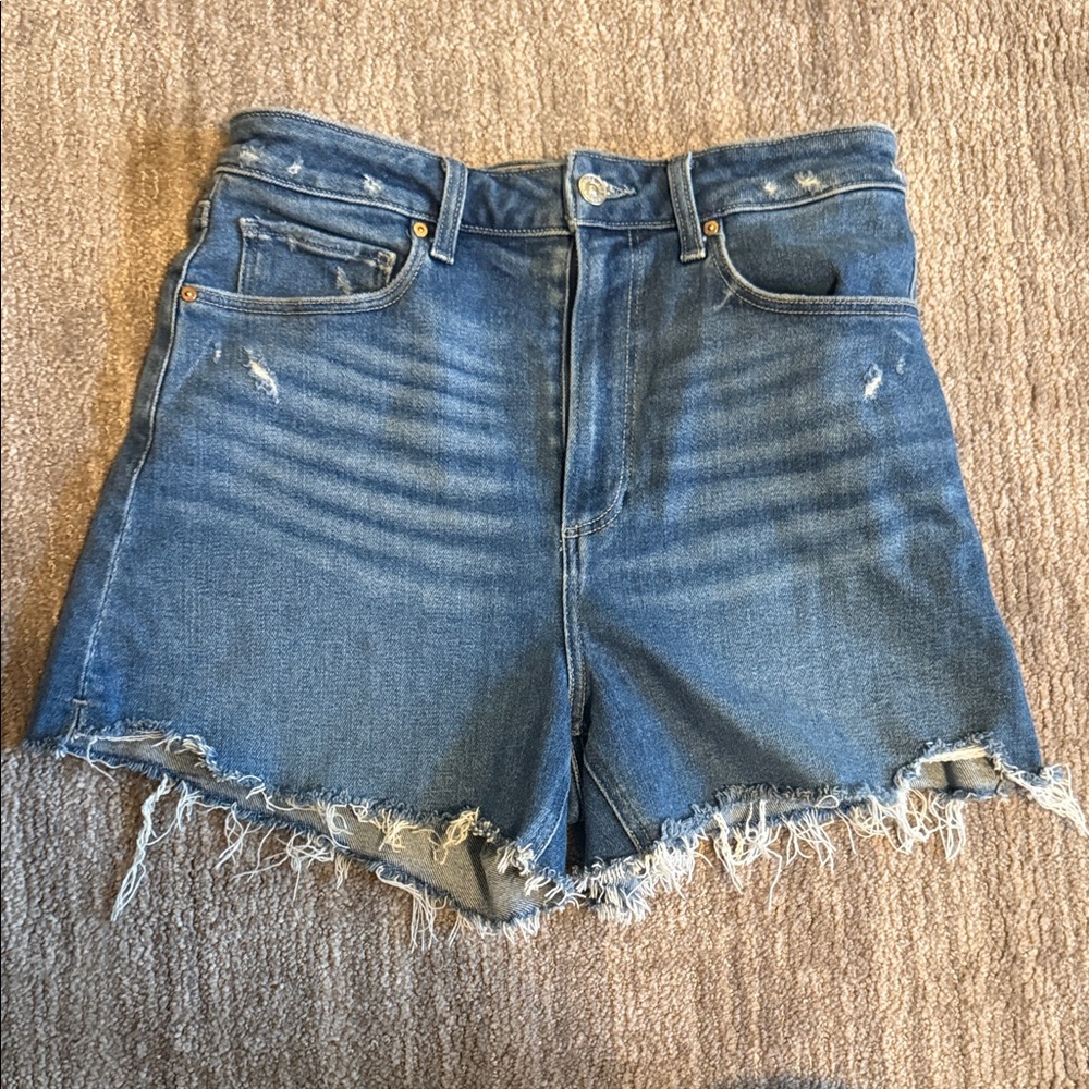 PAIGE Dani Medium Blue Distressed High-Rise Denim Shorts